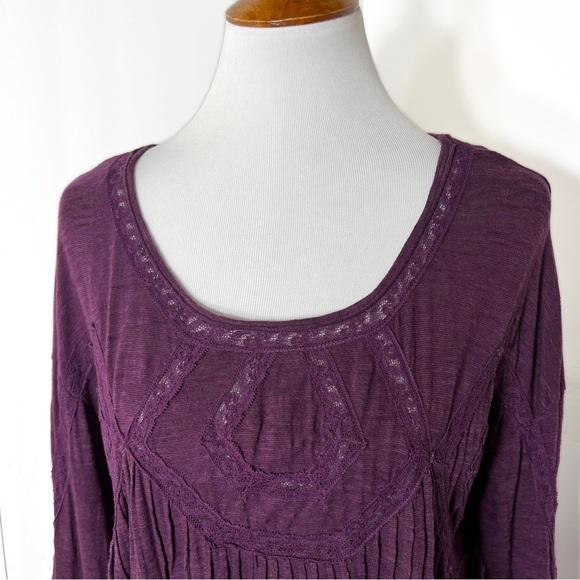 Free People Lace Embroidered Pintuck Pleated High Low Purple Knit Tunic Tee S - Picture 5 of 14